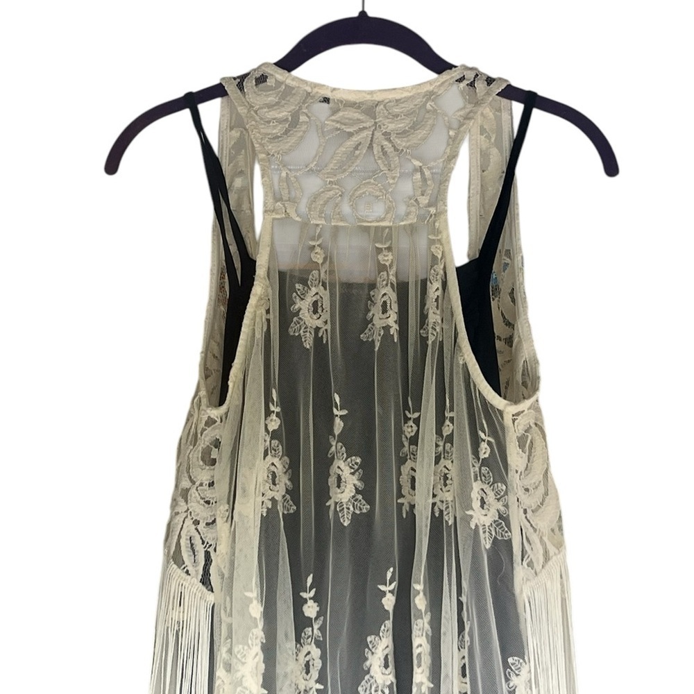 Acemi cream lace and fringe open front sleeveless gilet kimono boho festival - Picture 5 of 12
